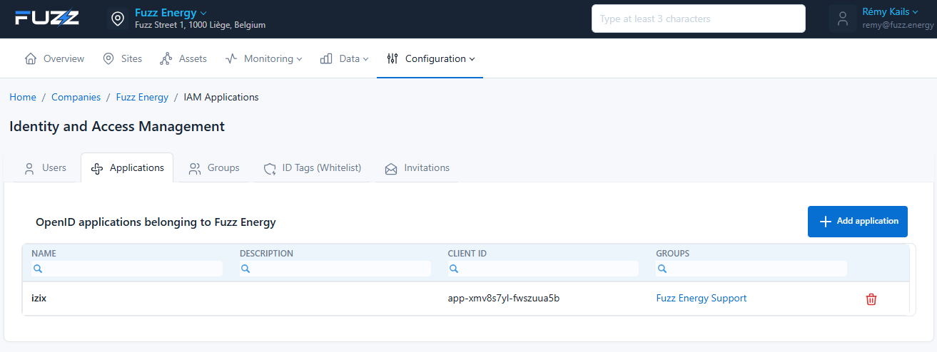 Configuration des applications qui peuvent accéder aux API de la console (application Izix configurée)