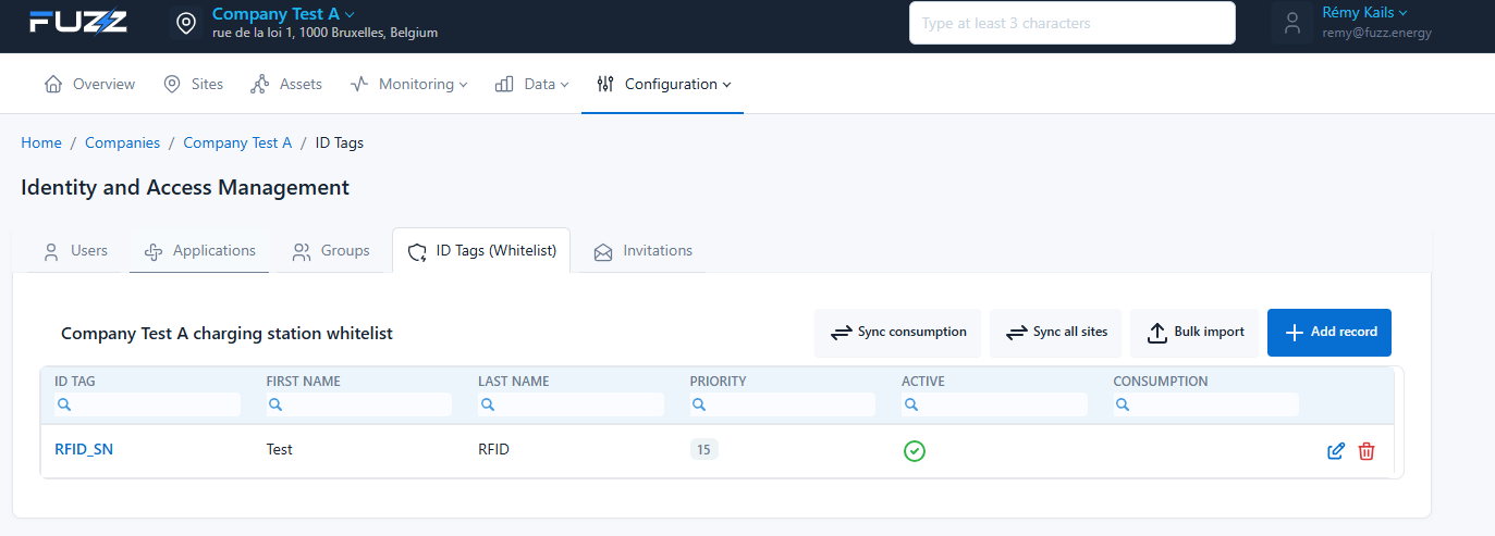 Liste des badges de l'entreprise : whitelist (un seul badge configuré)