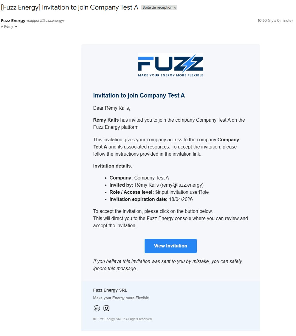 Email d’invitation envoyé à un utilisateur externe