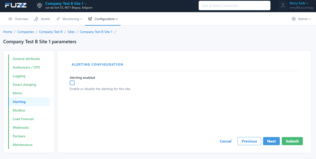Configuration du site : activation de l'alerting
