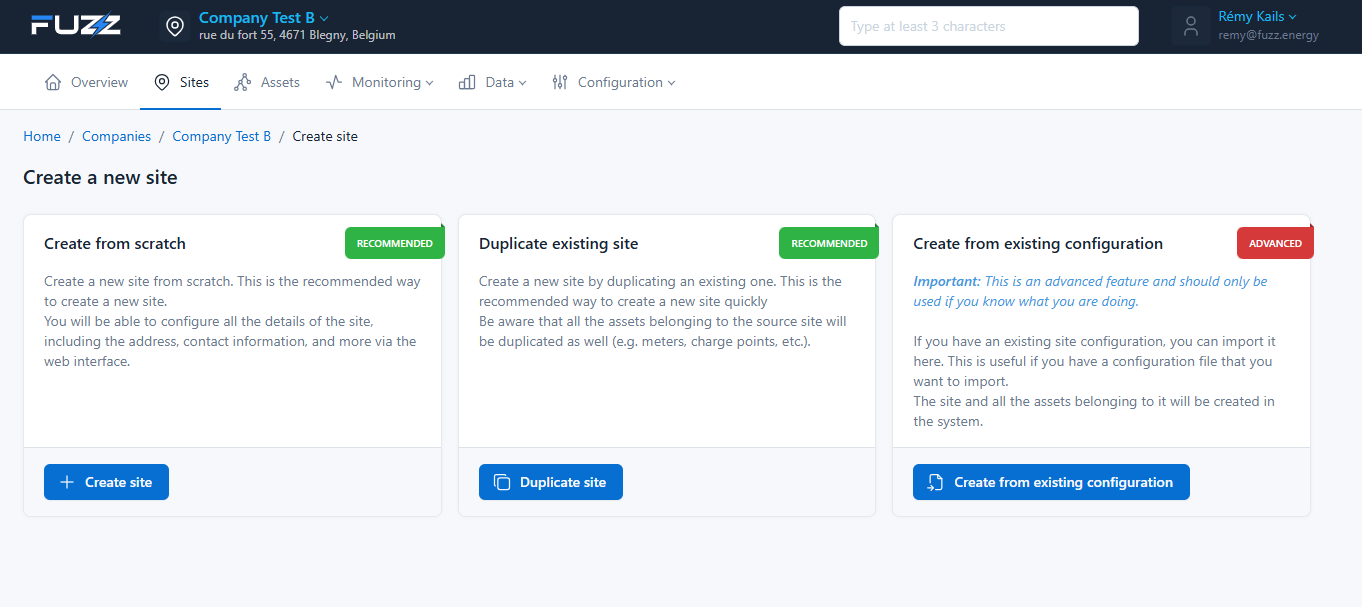 Choix de la méthode de création du site : créer de zéro, dupliquer un site existant ou configuration avancée (via l'import d'un JSON)