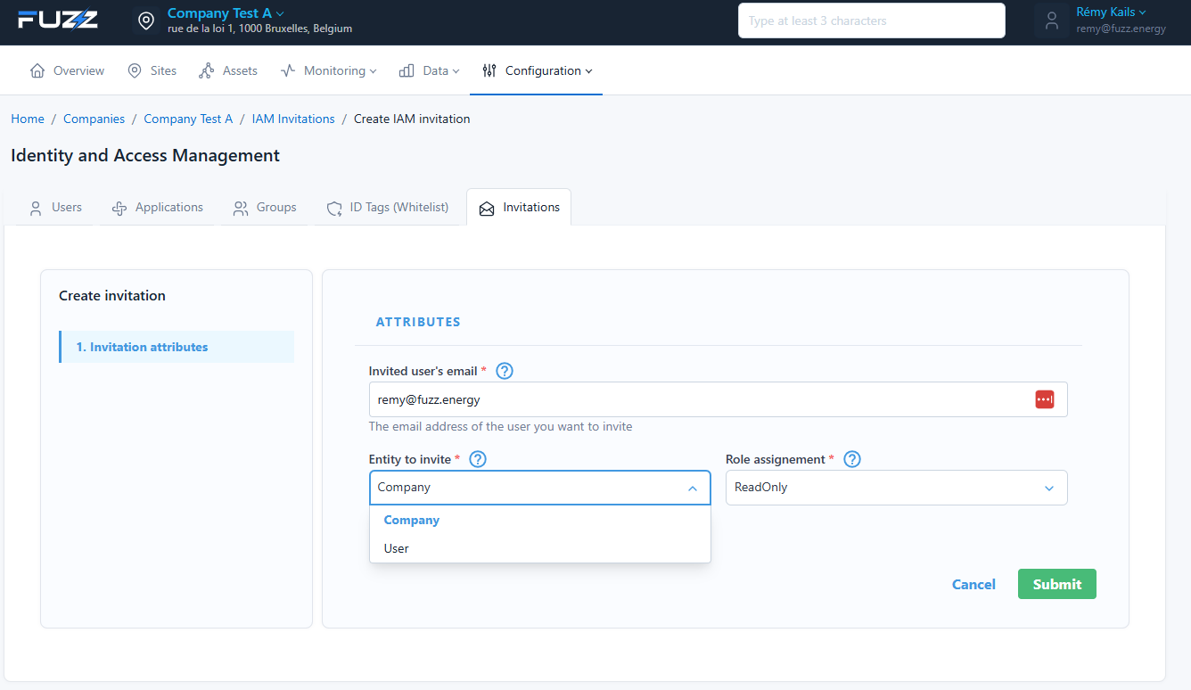 Inviting an external user to the company: choice between the user only or their whole company