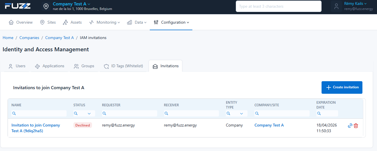 Inviting an external user to the company: invitation list (invitation declined)