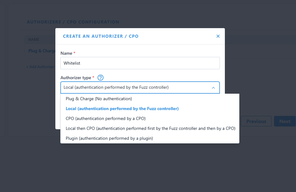 Site configuration: CPO configuration (authorization type choice: plug&charge, Local, OCPP, LocalThenCPO, Plugin, ...)