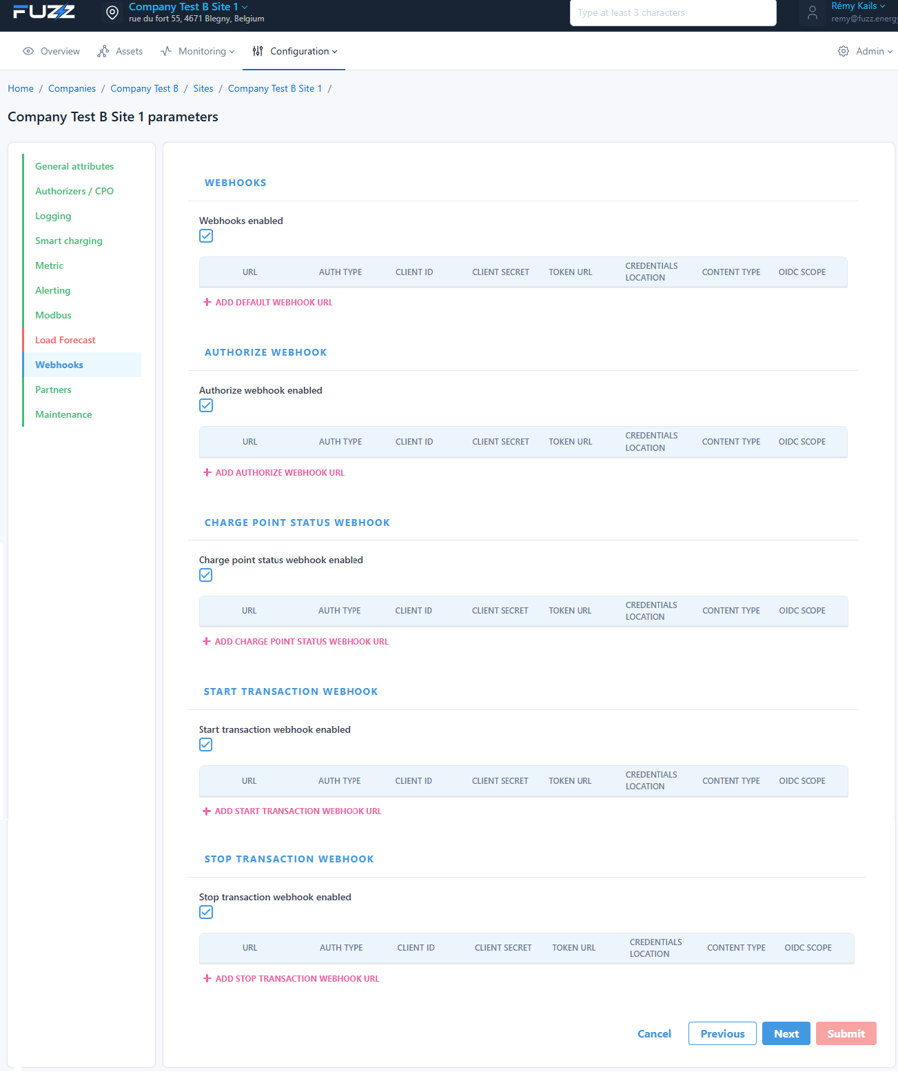 Site configuration: webhook configuration