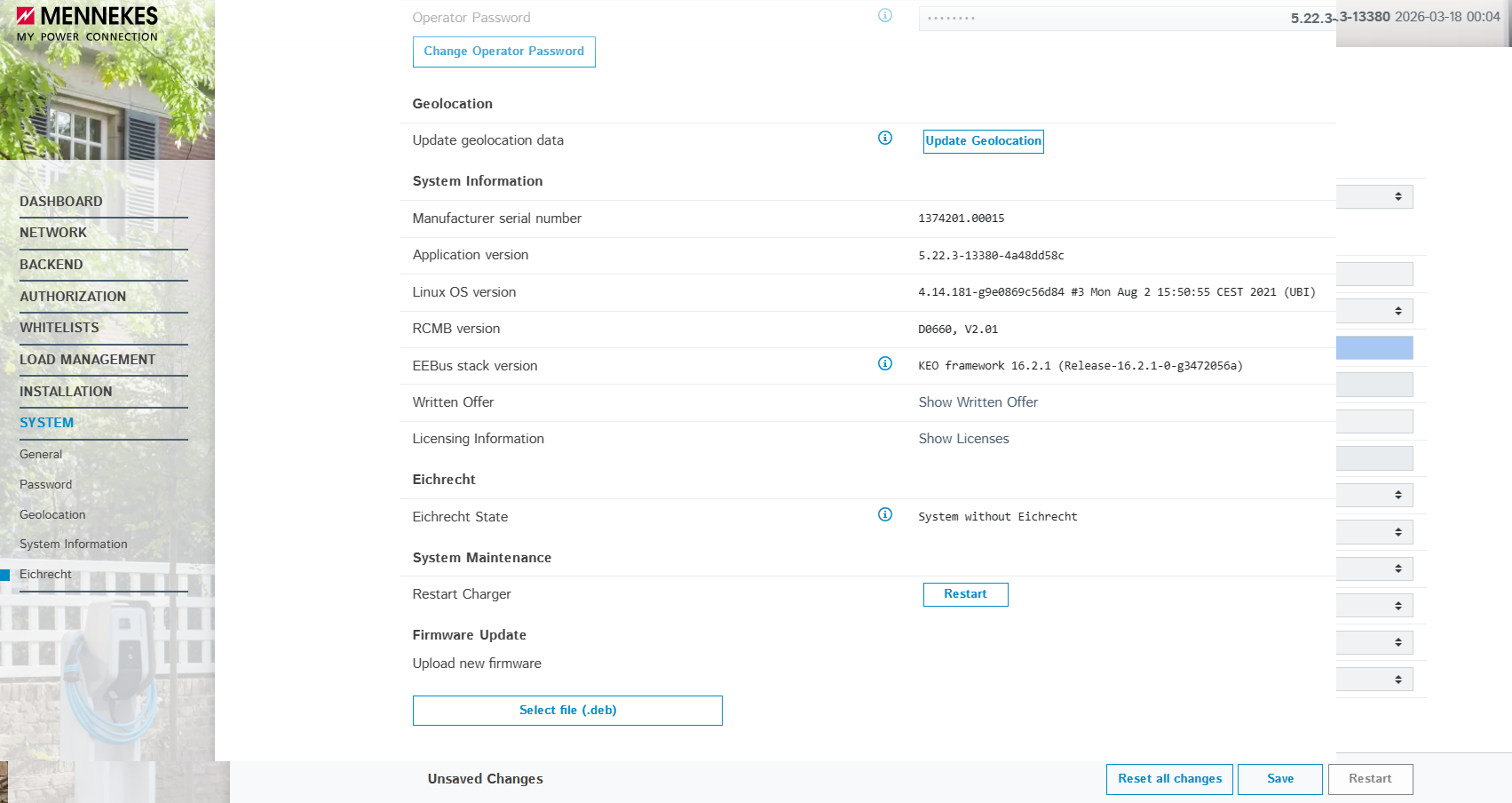 Rebooting the charge point from the web interface